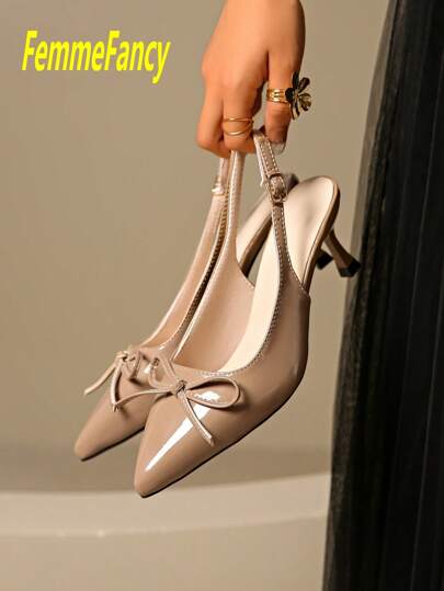 夏季纯色优雅蝴蝶结尖头细高跟凉鞋，性感派对正装鞋，适合通勤、夜店、婚礼、户外穿着，带扣小猫高跟鞋，颜色：勃艮第酒红、黑色、白色、红色