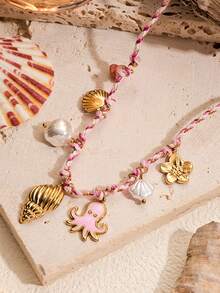 1 件海洋系列不锈钢吊坠项链，手工制作的 DIY 项链，带有贝壳、海星、鱼、章鱼、花吊坠，适合海滩度假穿着、节日礼物、生日礼物、海滩度假 - 彩色 - 查看 15