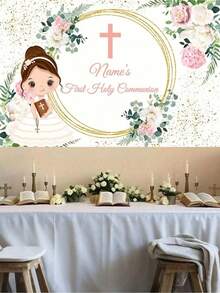 1 szt. personalizowane tło do Pierwszej Komunii Świętej, tło do chrztu z napisem "Bóg zapłać", baner urodzinowy z kwiatowym złotym brokatem, chrzest, odpowiednie na imprezę, rekwizyty do fotobudki i uroczystości, wystrój domu