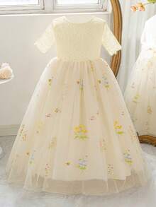 Tween-Mädchen Spitzenkleid mit kurzen Ärmeln, Stickerei und Mesh, elegantes rückenfreies Abendkleid, geeignet für Geburtstagsfeiern und Aufführungen, ohne Haarzubehör - Champagnerfarben - Übersicht 2