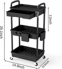 3 Tier Rolling Storage Cart With Drawers Rolling Utility Cart With Drawers,Room Decor,Bathroom Decor,Rolling Utility Cart Rolling Storage Organizer Tool For Kitchen,Bathroom,Living Room,Office Outdoor Decor - 黑色 - 查看 2