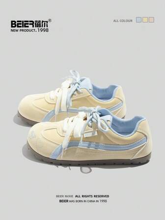 BEIER 1 双女式撞色学院风时尚仿皮系带休闲平底鞋，适合春秋季户外穿着，女式运动鞋