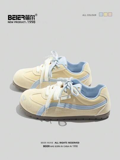 BEIER 1 Pair Women Contrast Color Preppy Stylish Faux Leather Lace-Up Casual Flat Shoes, Suitable For Spring And Autumn Outdoor Wear,Sneakers For Women
