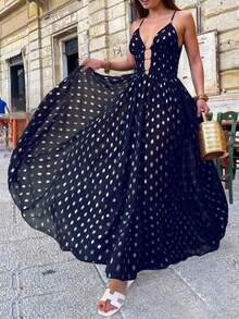 雪纺树叶印花性感优雅V领连衣裙，复古吊带裙，返校派对礼服，适合海滩、音乐节、鸡尾酒会、女士哥特式性感万圣节服装婚礼黑色春季 - 黑色 - 查看 8