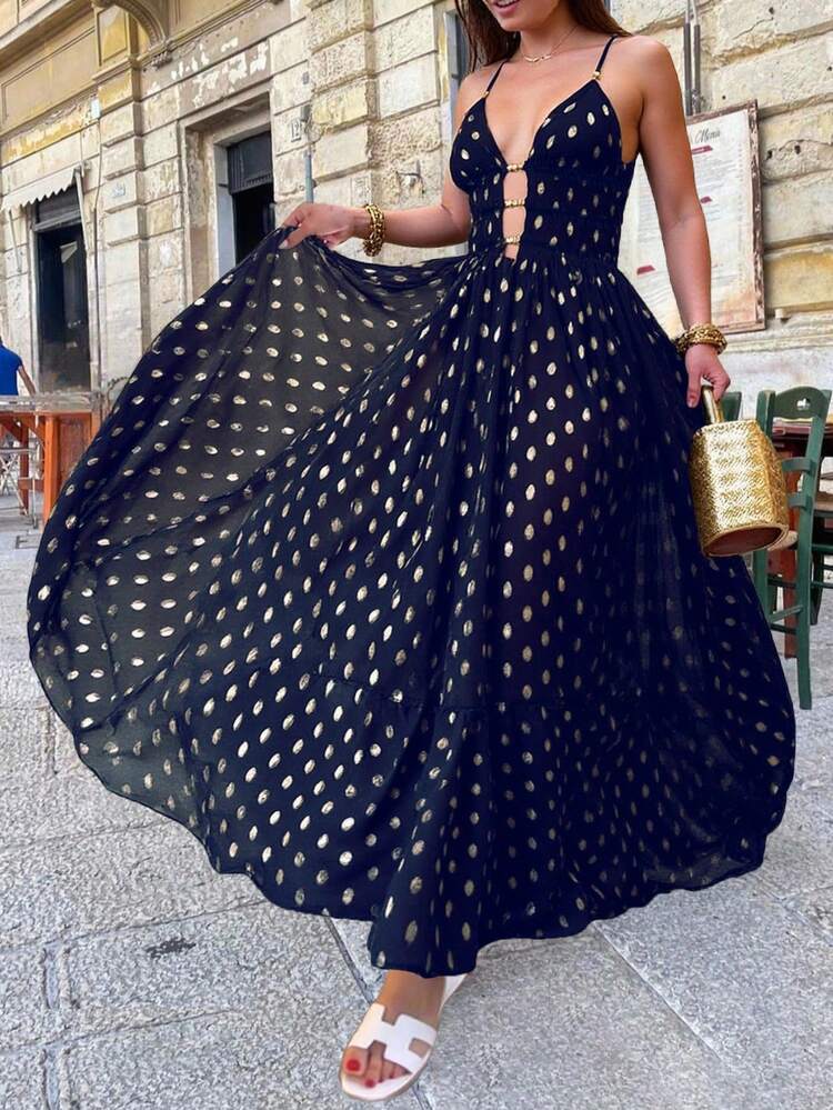 Vestido Elegante e Sexy de Decote em V com Estampa de Folhas em Chiffon, Vestido Slip Vintage, Vestido para Festa de Volta às Aulas, Adequado para Praia, Festival de Música, Festa de Coquetel, Fantasia Gótica Sexy de Halloween para Mulheres, Casamento, Primavera Preta - Preto - Visão 8