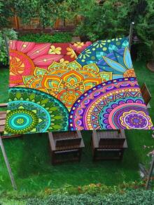 قطعة واحدة ظل شمس مقاوم للماء سميك للخارج، بنمط مندالا متدرج أخضر زهري أسلوب بوهيمي، للحديقة والفناء والشاطئ، تتضمن الحبال (بدون إطار) - متعدد الألوان - مشاهدة 3