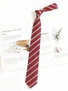 1条男士红色条纹涤纶领带，学院风，学生制服，新郎衬衫配饰，手工系带