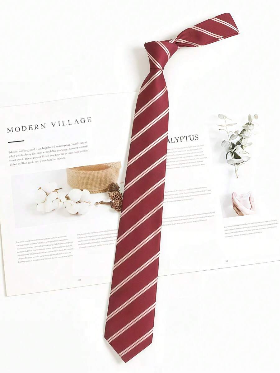 1条男士红色条纹涤纶领带，学院风，学生制服，新郎衬衫配饰，手工系带
