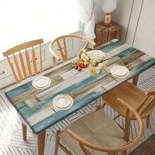 1pc Retro Wood Grain Patchwork Tablecloth, Natural Style, Elastic Edges, Easy To Clean, Suitable For Family Gatherings, Outdoor Picnics, Themed Parties, Indoor/Outdoor Use