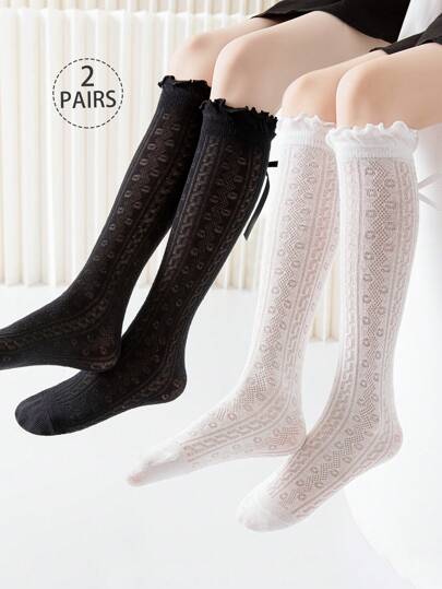 2双装儿童过膝袜，女童网眼袜，白色、黑色、纯色、荷叶边、蝴蝶结、波点、条纹、直筒筒袜，可爱公主风、学院风，春夏秋季均适用，适合日常穿着、派对、公主袜、假期、返校季，精致可爱，百搭，可搭配平底鞋、运动鞋、乐福鞋，返校季、学生、新学期、开学、教室