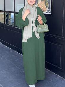 Women's Elegant Solid Color Round Neck Long Sleeve Maxi Dress, Casual Fitted Daily Wear