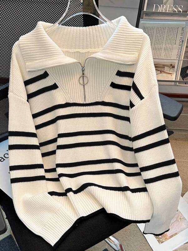 Autumn/Winter New Striped Zip-Up Collared Casual Loose Knit Sweater