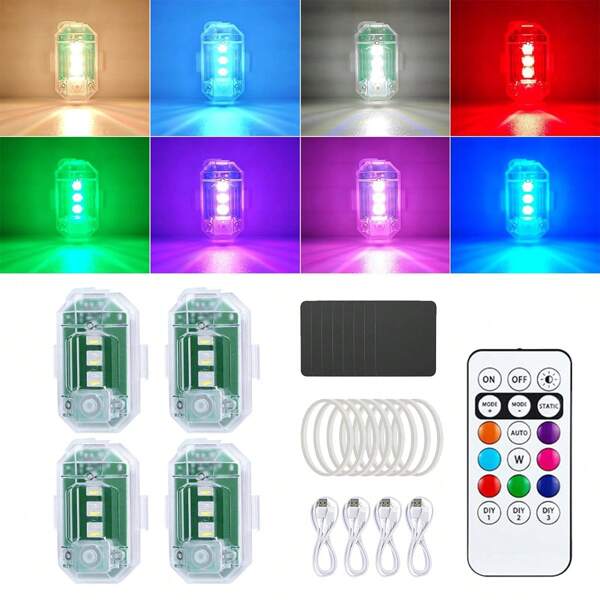 8 Farben Hochhelle Blitzleuchte für  Drohne, Auto, LKW, Motorrad, Fahrrad usw, 4 Stück Drahtloses Drohne LED-Blitzlichter mit Fernbedienung, Akku und Typ-C-USB-Ladeanschluss