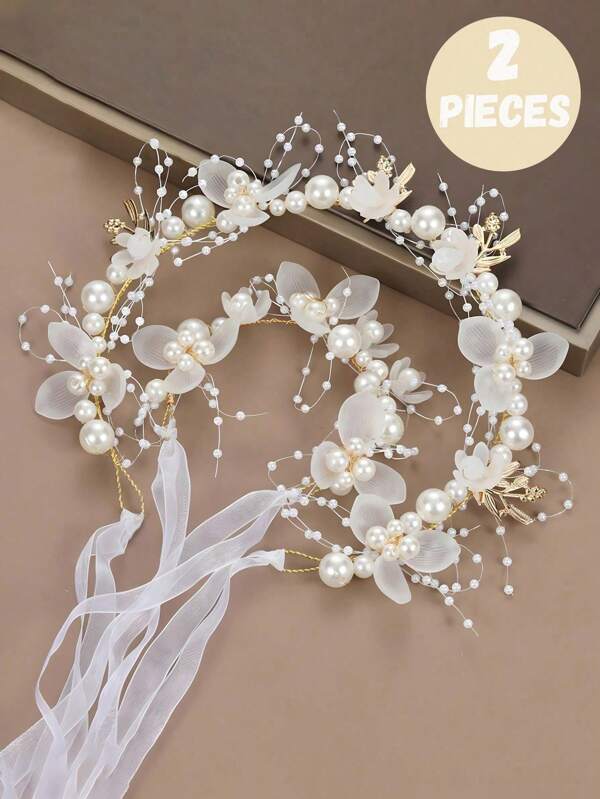 4pcs/2pcs/1pc Elegant Style Pearl Alloy Headband Set For Girls, Flower Girl Pearl Headband And Pearl Bracelet Two Pieces Set, Girl Flower Fairy Dress Set, Suitable For Performances, Parties, Photography, And Dances, Making It An Ideal Gift For Girls