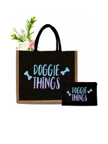 "DOGGIE THINGS"Letter, Bone Pattern Printed Handbag Set, A Gift For Dogs And Pet Lovers, Handbag With Makeup Bag And Mini Coin Wallet, Dog's Favorite Bone Pattern Design - Multicolor - View 13