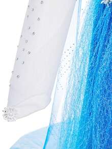Set de 6 piezas para niñas: Vestido azul de manga larga con malla y flores, trenza de peluca, corona, varita mágica, guantes, conjunto de disfraz para fiesta de Navidad y carnaval - Azul - View 7