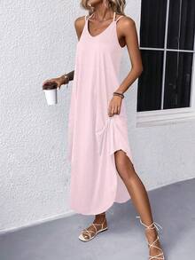 EARO Elegant European & American Style Casual Sleeveless Dress, Simple Daily Commute Strap Long Solid Color Knit Dress, Vacation Versatile Elastic Waist Fitted Slim Comfortable Slip Dress, Spring/Autumn - Bubblegum Pink - View 4