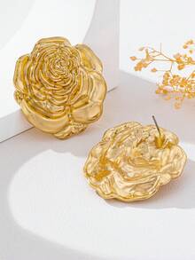 1 par de pendientes de flor de peonía de aleación 3D de diseño elegante y de gran tamaño