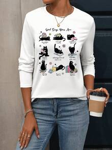 Camiseta de manga larga con cuello redondo y estampado gráfico de gato divertido para mujer, top para amantes de los libros, camisetas gráficas para mujer