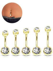 Stainless Steel Double-Headed Rhinestone Belly Button Ring, Stainless Steel Shiny Rhinestone Belly Button Ring, Simple And Shiny Gold, Suitable For Women's Daily Wear - Yellow Gold - View 10
