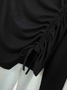 女式纯色抽绳设计休闲日常百搭 T 恤，不对称百搭修身简约上衣，秋季