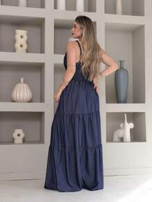 Vitoria Luxury Long Dress With Imitation Chambray Straps And Waist Detail - 深色水洗藍 - 查看 3