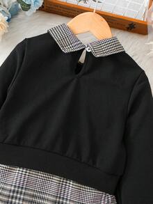 2 件套休闲学院风黑色长袖格子领上衣和褶皱及踝长裤套装，适合春秋季 - 黑色 - 查看 4