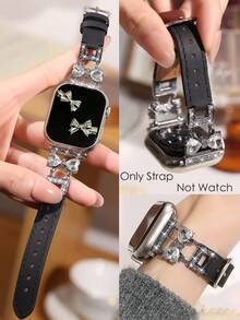 1条兼容苹果手表表带，女士夏季时尚休闲黑色真皮表带，爱心蝴蝶结钻石金属缝线丝滑柔软黑色皮革，兼容苹果手表38/40/41/42/44/45/46/49毫米，兼容苹果手表Ultra 3/SE/10/9/8/7/6/5/4/3/2/1，智能手表配件，适合情人节、母亲节、生日礼物、日常装饰，蝴蝶结闪光，表带，苹果手表表带 - 黑銀 - 查看 4