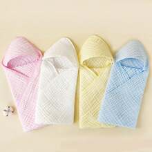 连帽襁褓毯，新生儿医院包巾，纯色平纹细布浴巾，简约纯色 - 彩色 - 查看 3