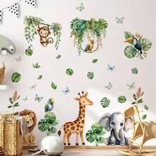 BRUP Autocolant de perete cu model de element natural cu animale acuarelă din junglă, pentru camera copiilor, dormitor, pepinieră, decorare, autocolant de perete - Multicolor - Vizualizare 2
