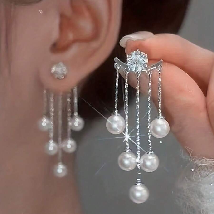 1 Pair Of Fashionable Retro Man-Made Pearl Fringed Earrings, Versatile And Easy To Wear, Can Be Matched With Any Outfit - Bạc - Xem 1