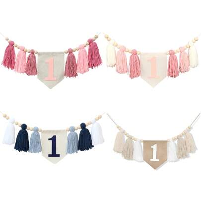 1 pieza Banderín con borlas y guirnalda floral para Smash Cake de cumpleaños, para decoración de fiesta de cumpleaños, utilería fotográfica
