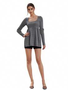 Women's Cable Knit Tops Long Sleeve Square Neck Solid Color Loose Fit T-Shirts Sweaters - Dark Grey - View 1