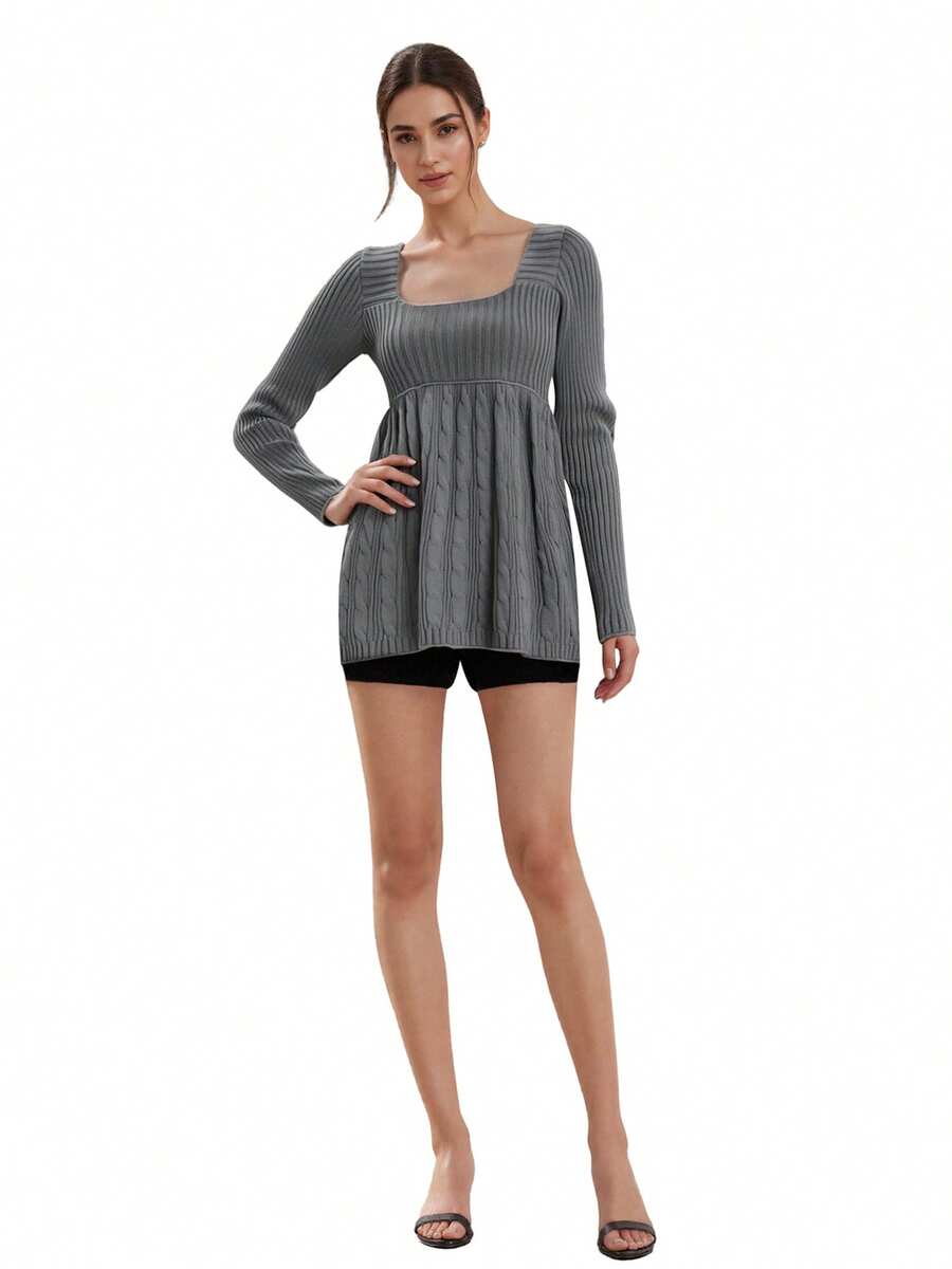 Women's Cable Knit Tops Long Sleeve Square Neck Solid Color Loose Fit T-Shirts Sweaters - Dark Grey - View 1
