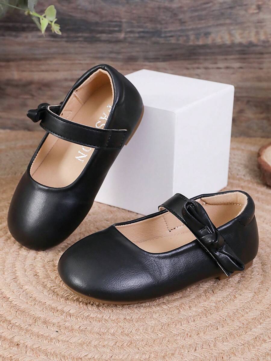 1 Pair Fashionable Solid Color Bow Mary Jane Flat Shoes For Girls, Soft & Comfortable - Black - View 1