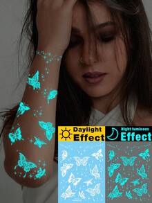 Glow-In-The-Dark Temporary Tattoo Stickers, Featuring Blue Glow-In-The-Dark And White Butterfly Floral Star And Moon Sparkling Patterns. Romantic Valentine's Day Temporary Fake Tattoos, Suitable For Wrists, Ankles, Shoulders, Necks, Collarbones, DIY Carnivals, Valentine's Day, Party Gifts. Body Skin Waterproof Realistic Tattoo Stickers. - Multicolor - View 1