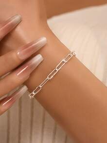 1pc S925 Sterling Silver 14K Gold Plated Paperclip Bracelet, Suitable For Layering, Pure Silver Material, Minimalist High-End Versatile Women's Bracelet, Suitable For Summer Beach Vacation, Daily Wear, Suitable As A Gift For Girlfriend/Mom/Relatives - Multicolor - View 3