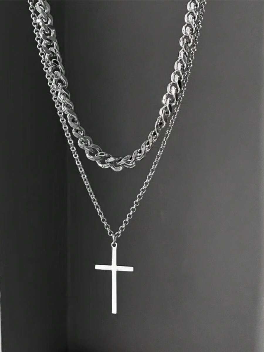 Nuevo collar de acero inoxidable con cruz para hombre, artículo de joyería con colgante de titanio de metal para hombres - Multicolor - Ver 1