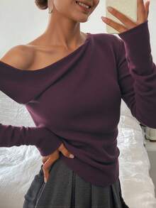 Livesso Women Casual Solid Color Oblique Shoulder Loose Knit Sweater, Autumn & Winter,Long Sleeve Tops - Burgundy - View 1