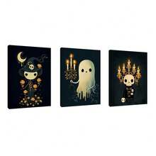 3 piezas Impresión en lienzo de estilo Dark Academia con fantasma a la luz de las velas y esqueleto, pósteres espeluznantes pero lindos de Halloween para decoración de la sala de estudio o juegos, con opción de marco - Multicolor - Ver 8