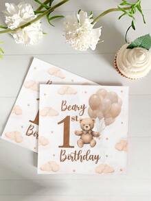 40pcs/Set, Brown Bear 1st Birthday Theme Party Disposable Tableware Set, Cute Brown Bear Balloon Pattern Babe Shower Party Disposable Paper Tableware, Suitable For 1st Birthday Party Newborn Baby Party, Family Event, Gender Reveal Decoration Supplies, Baby Shower Party Tableware, Disposable Food Tray, Birthday Cake Tray - Brown Bear 1st Birthday - View 7