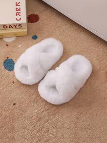 女童蓬松毛绒内衬拖鞋，厚底室内鞋，时尚简约秋冬拖鞋 - 白色 - 查看 10