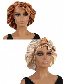 1pc Silk Sleep Cap, Satin Sleeping Hat, Suitable For Curly Hair, Soft & Comfortable, With Drawstring, Suitable For Long Hair,Summer,Beach - Brown - View 16