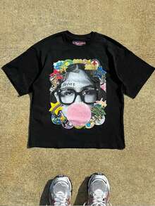 Men's Fashion Men's Printed Short Sleeved T-Shirt, Men's Round Neck Top, 180g 100% Pure Cotton Fabric - Comfortable And Casual Summer Street Style Short Sleeved T-Shirt, Cool Design Retro Summer Men's Daily Wear T-Shirt Print Y2K Street Style Hip-Hop  Pattern - 黑色 - 查看 1