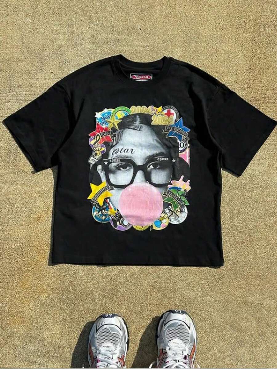 Men's Fashion Men's Printed Short Sleeved T-Shirt, Men's Round Neck Top, 180g 100% Pure Cotton Fabric - Comfortable And Casual Summer Street Style Short Sleeved T-Shirt, Cool Design Retro Summer Men's Daily Wear T-Shirt Print Y2K Street Style Hip-Hop  Pattern - 黑色 - 查看 1