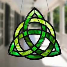 Atrapasol de nudo celta verde afortunado, de 8" x 8" en estilo vitral acrílico, fácil de colgar, sin necesidad de batería, con tema glamoroso familiar