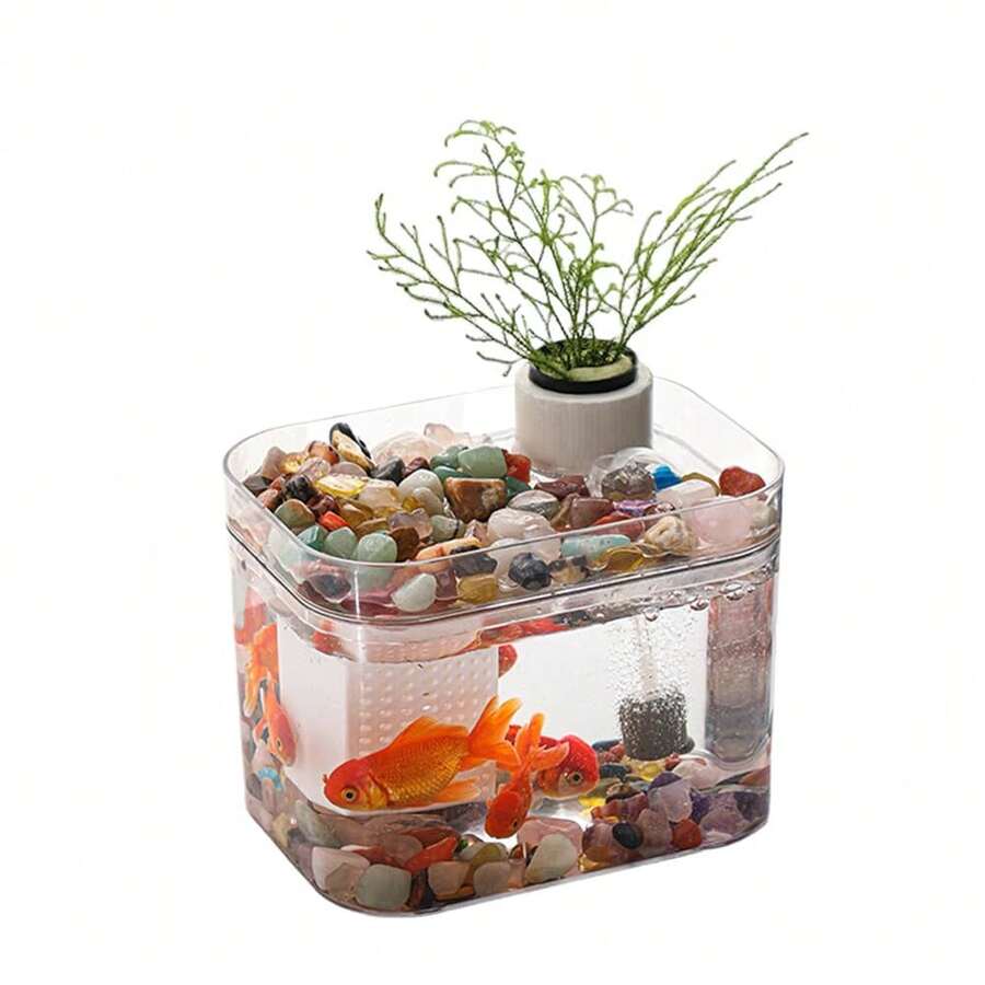 Techigher Fish Tank With Lid,Small Betta Fish Tank,Fish Bowl,Plastic Transparent Aquarium Kit,Desktop Decor For Betta Fish Shrimp Goldfish - Transparent - View 1