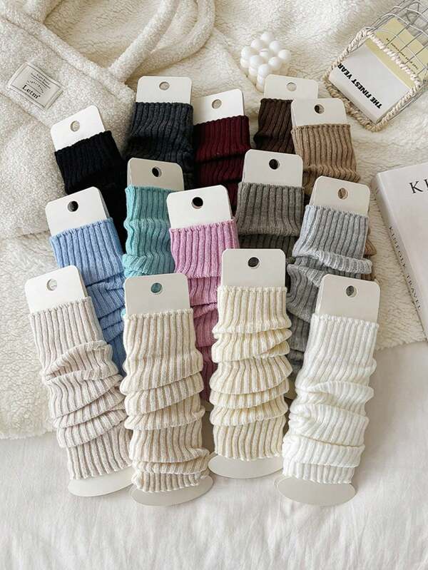 6 pares de calentadores de piernas de estilo casual y versátil para mujer, con diseños de rayas verticales y unicolor, de estilo simple y cómodo