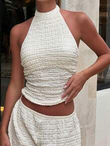 Women's Summer Party Casual Halter Bubble Fabric Solid Color Slim Fit Tops, Summer - White - View 1