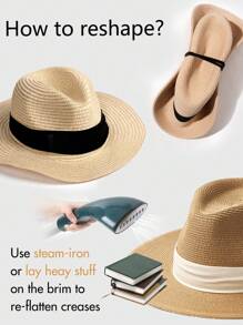 1pc Casual Vacation Beach Simple Woven Fedora Hat - Beige + Rice Ribbon - View 12